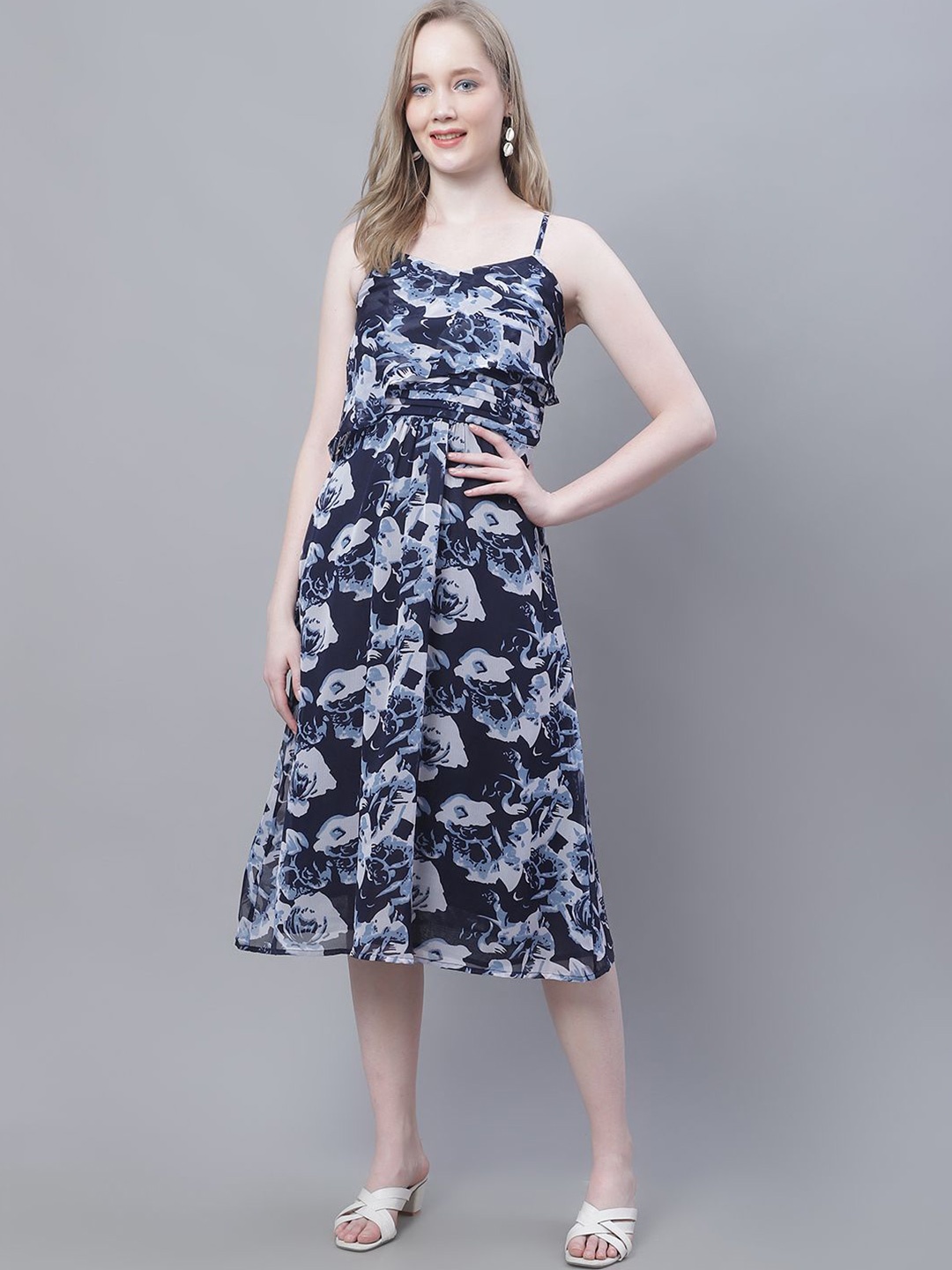

MINI & MING Women Shoulder Straps Fit & Flare Midi Dress, Navy blue