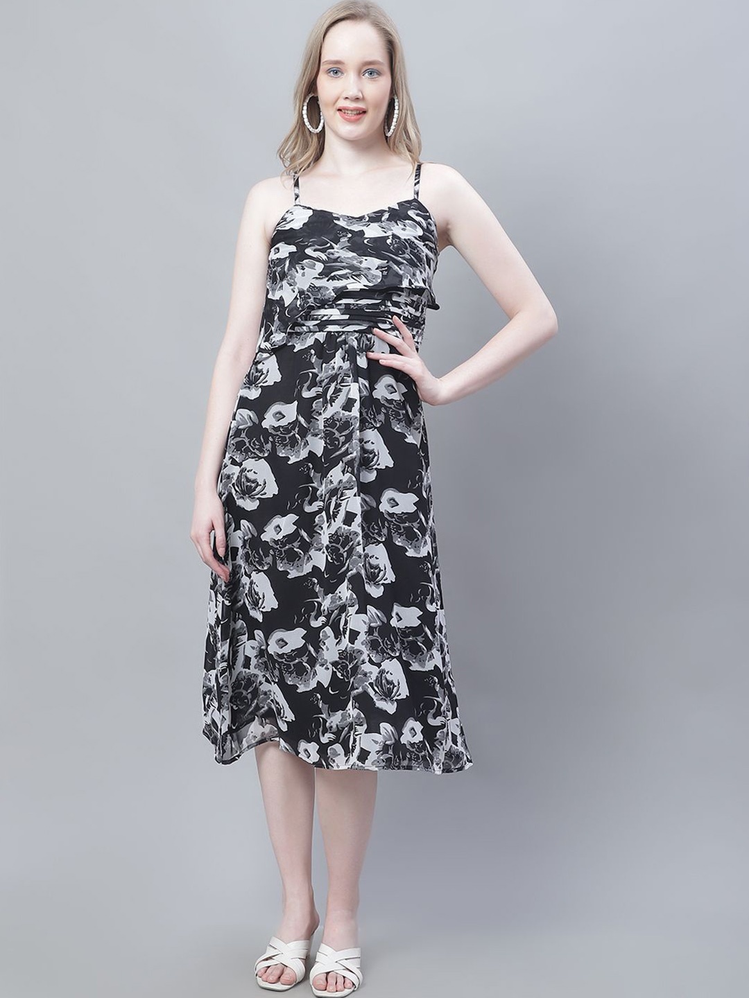 

MINI & MING Floral Print Georgette Fit & Flare Midi Dress, Black