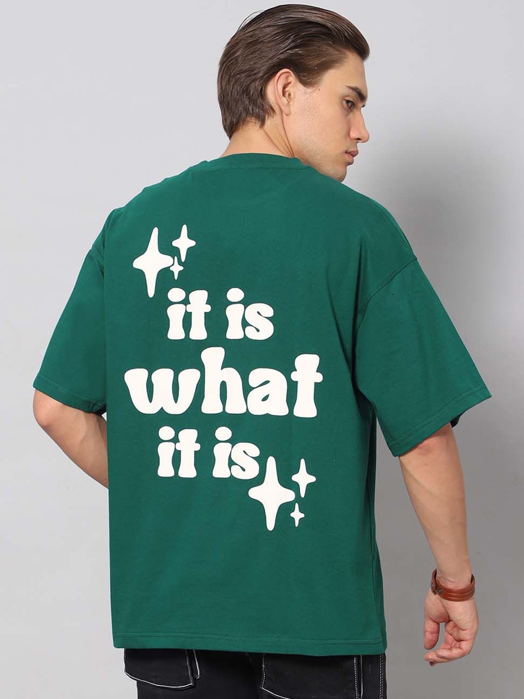 

Besick Typography Printed Round Neck Cotton Baggy T-shirt, Green