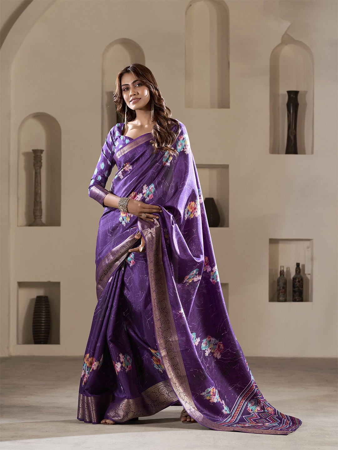 

elora Foil Print Zari Saree, Purple
