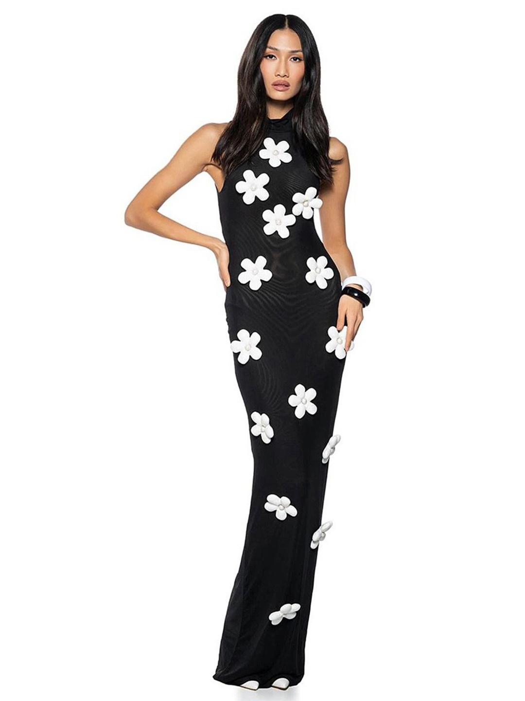 

MIAKEE Floral Applique Maxi Dress, Black