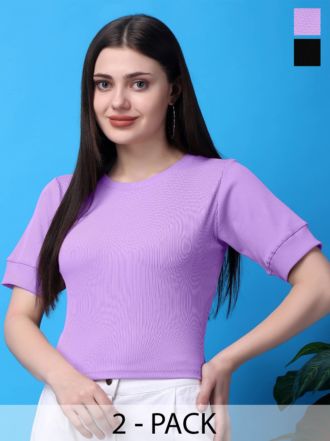 

Bitterlime Cotton Pack Of 2 Self Design Round Neck Crop Top, Lavender