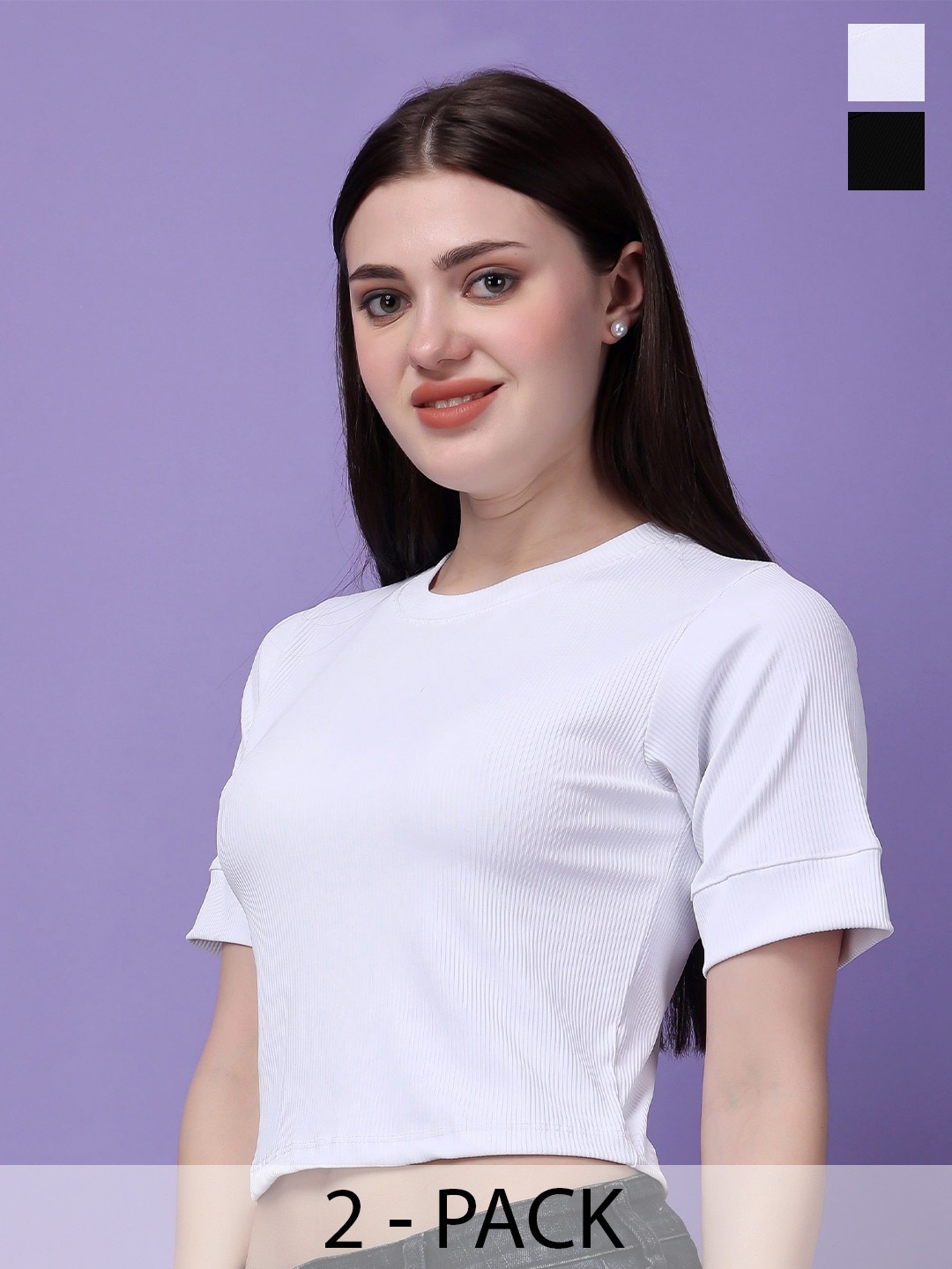 

Bitterlime Pack Of 2 Self Design Round Neck Cotton Crop Top, White