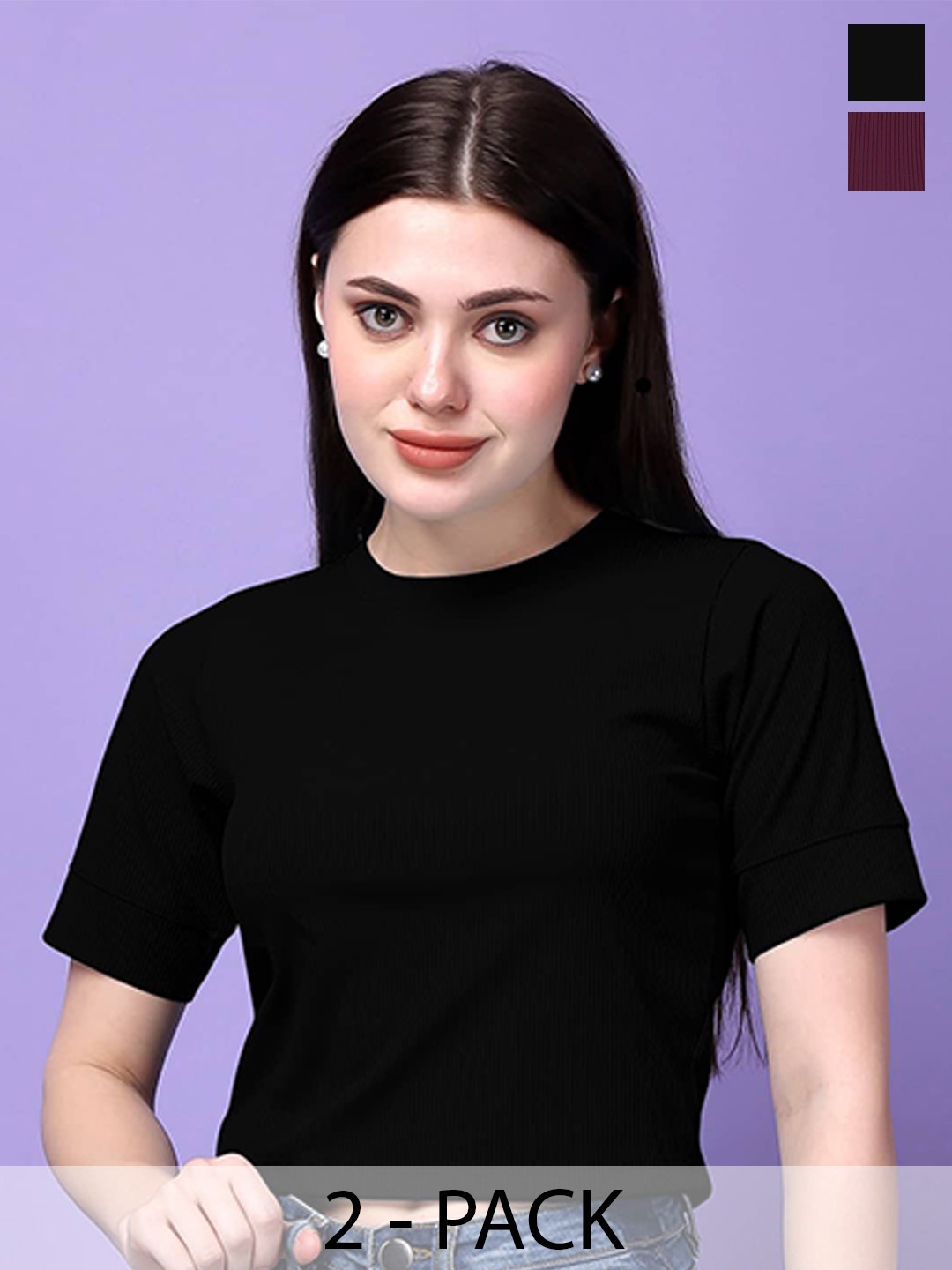 

Bitterlime Pack Of 2 Self Design Round Neck Crop Top, Black