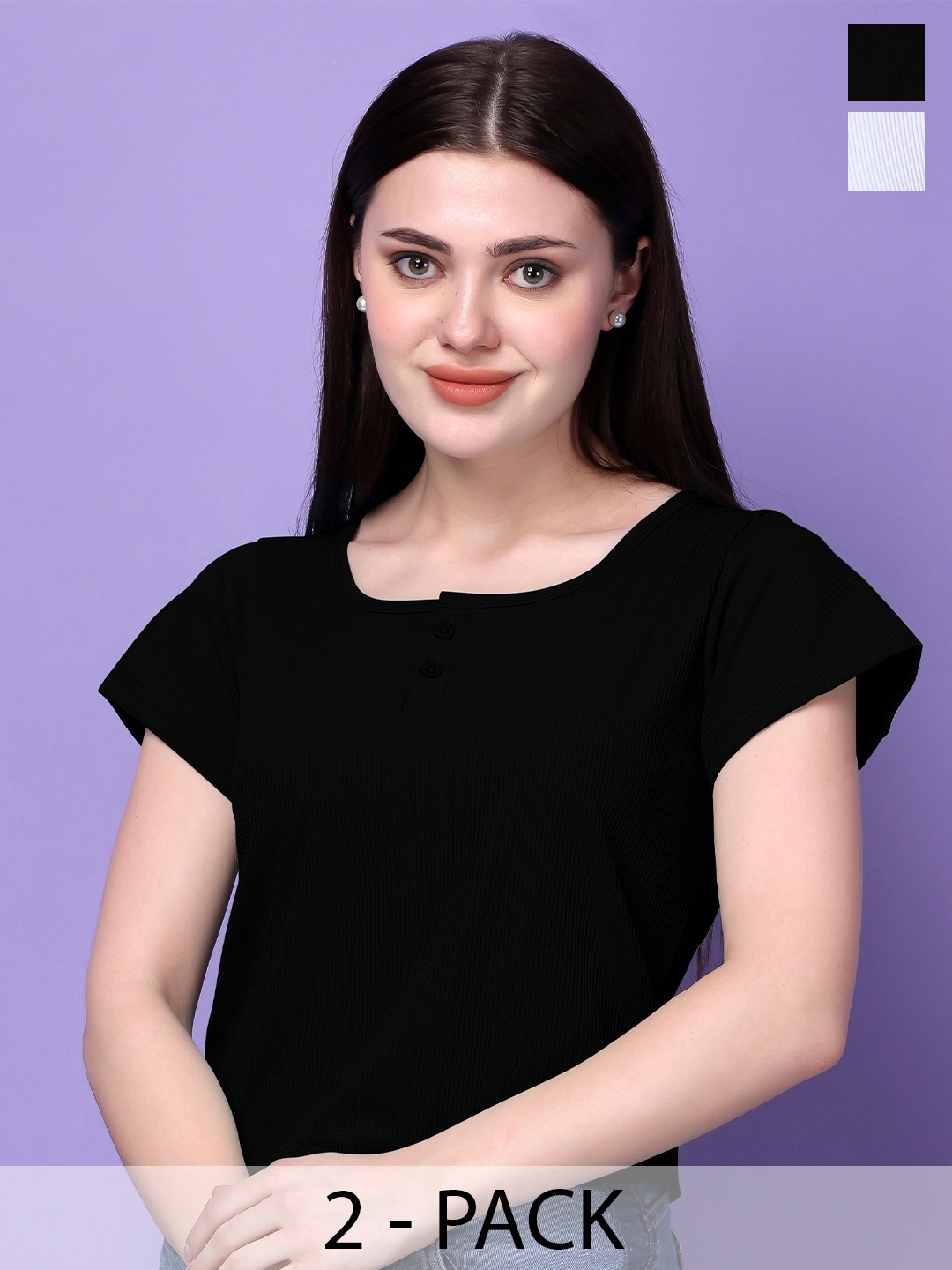 

Bitterlime Pack Of 2 Self Design Round Neck Crop Top, White