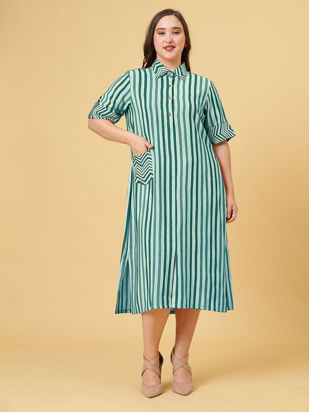 

Curvy Lane Plus Size Striped A Line Midi Dress, Blue