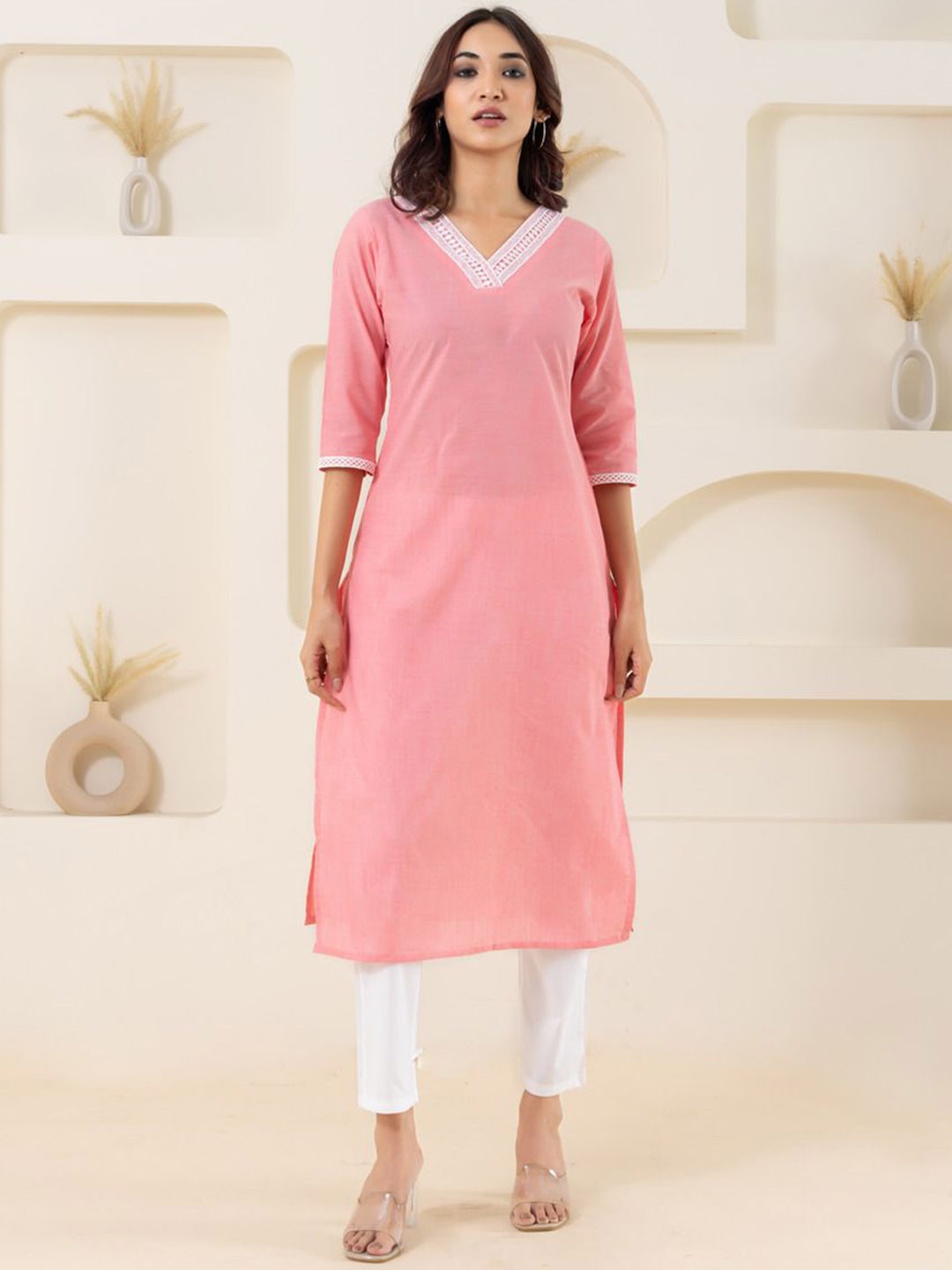 

WEAVLLITE V-Neck Three-Quarter Sleeves Gotta Patti Straight Kurta, Pink