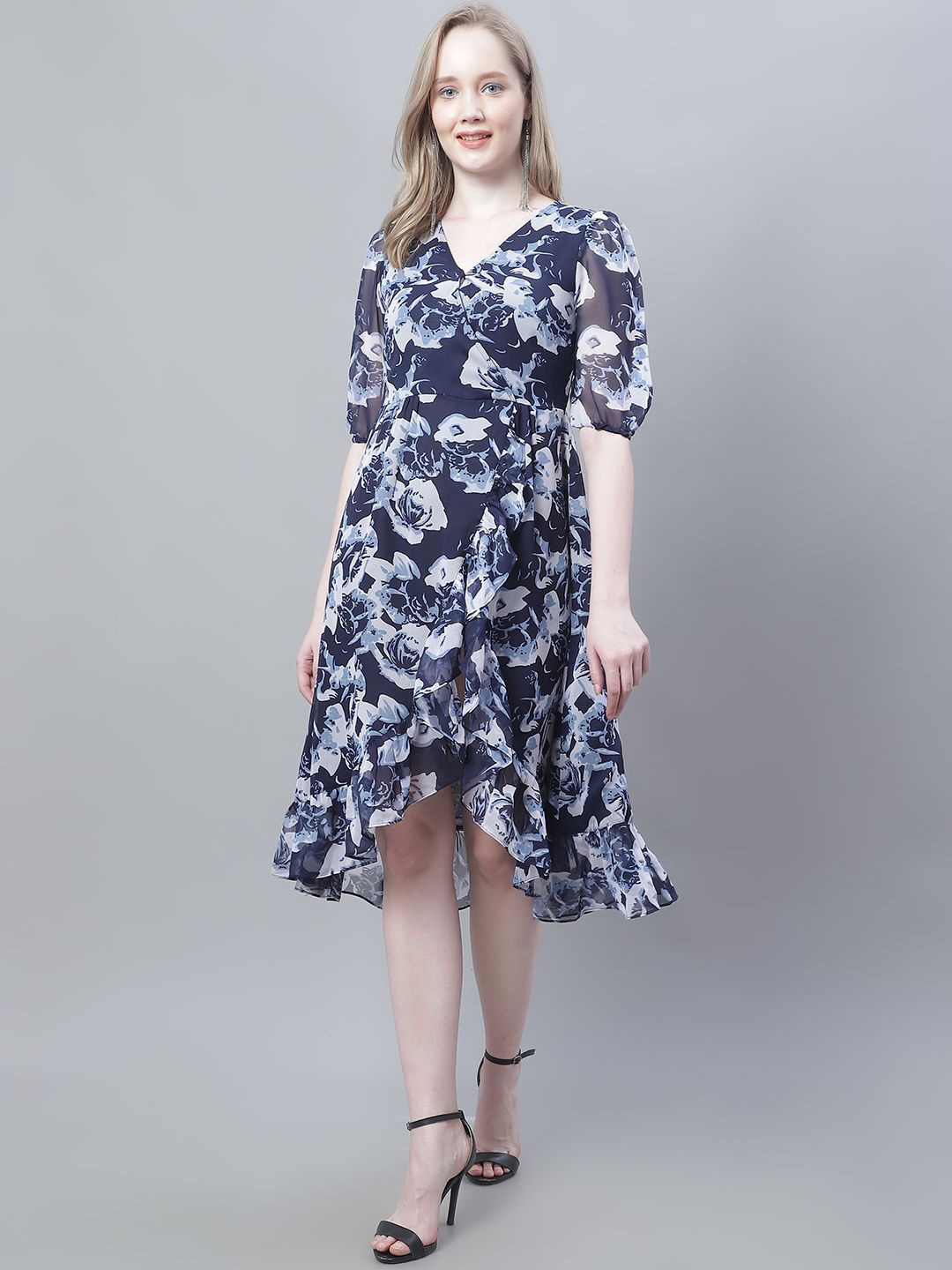 MINI & MING Floral Print Puff Sleeve Georgette Dress, Navy blue