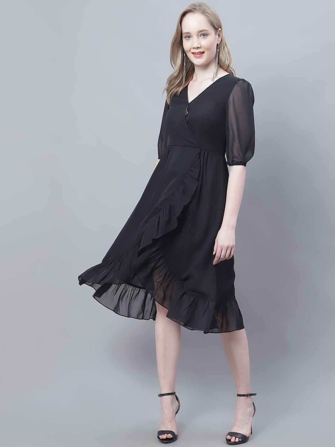 

MINI & MING Puff Sleeve Georgette Fit & Flare Midi Dress, Black