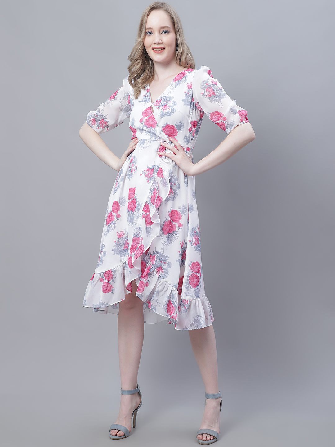 

MINI & MING Floral Print Georgette Fit & Flare Midi Dress, White