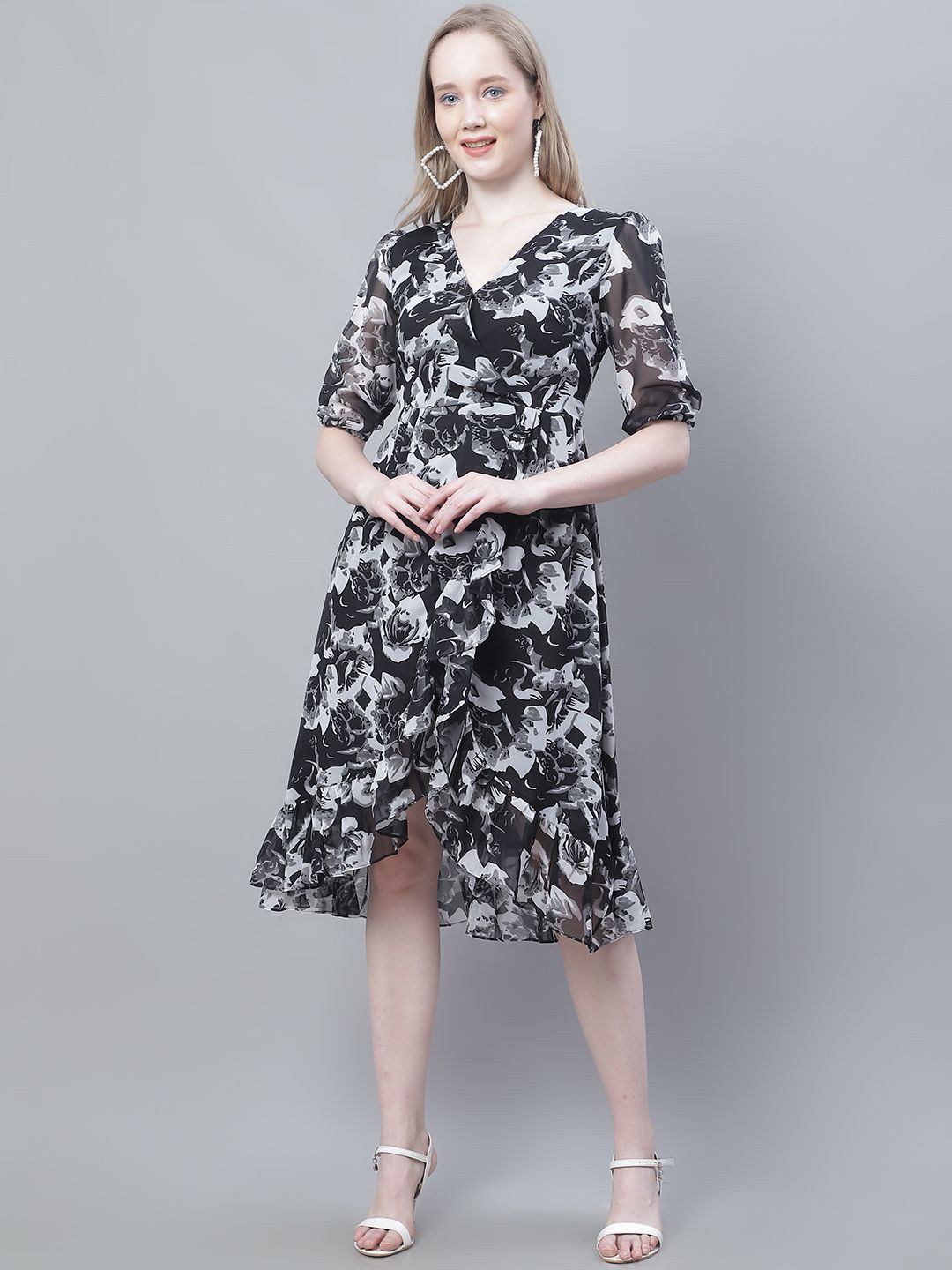 MINI & MING Floral Print Georgette Midi Dress, Black