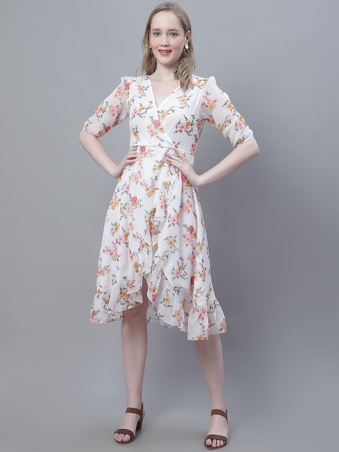 MINI & MING Floral Print Georgette Midi Dress, Off white