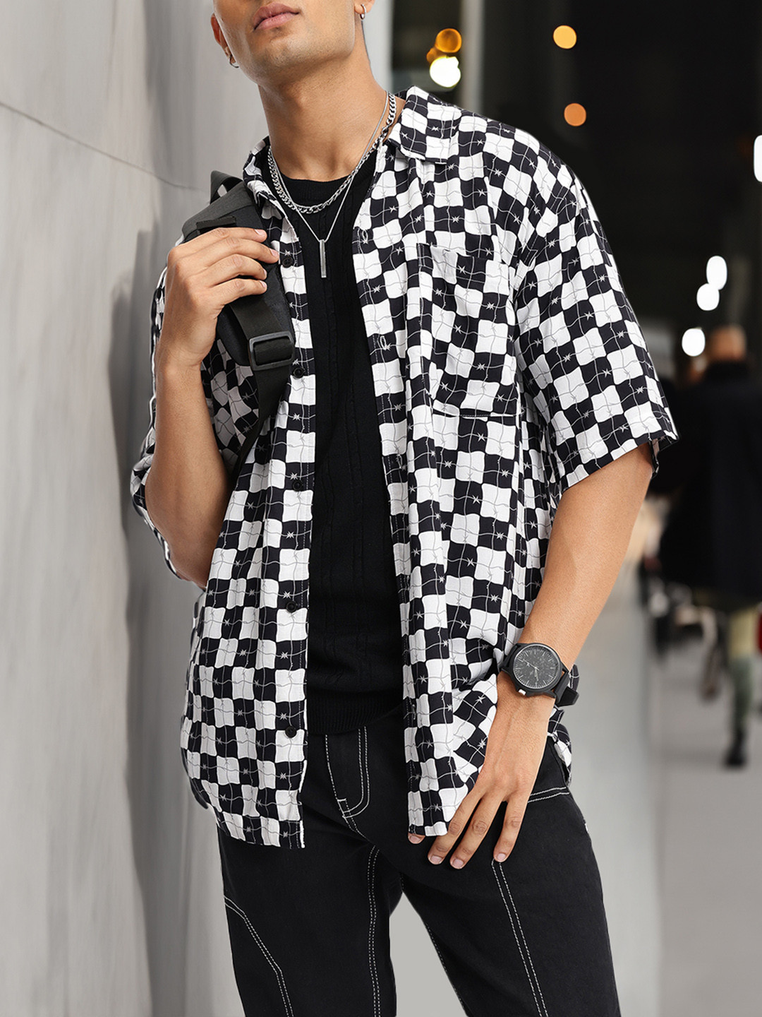 

Kook N Keech Monochrome Checkerboard Oversized Casual Shirt, Black