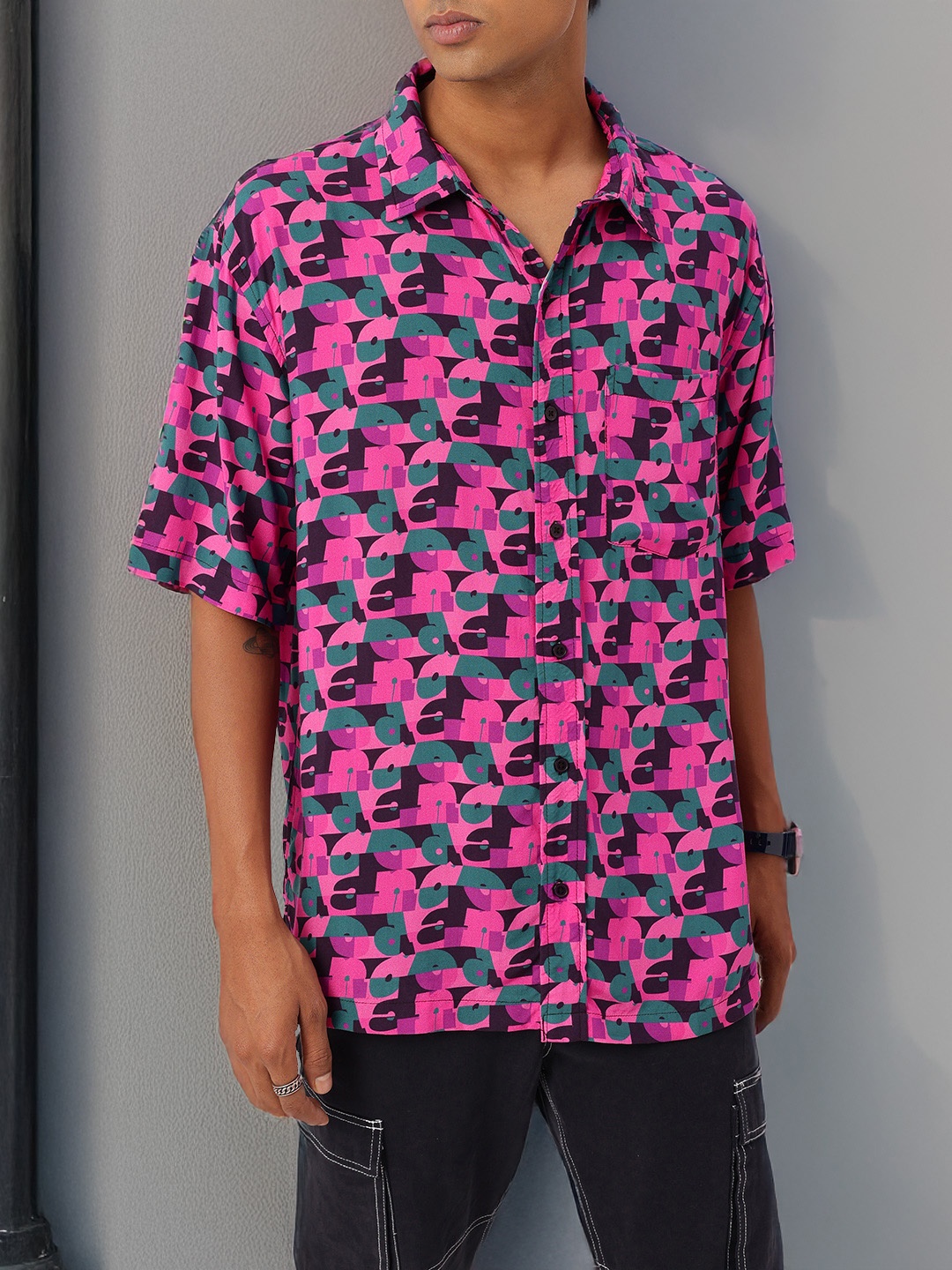 

Kook N Keech Retro Rave Geo Matrix Oversized Shirt, Pink