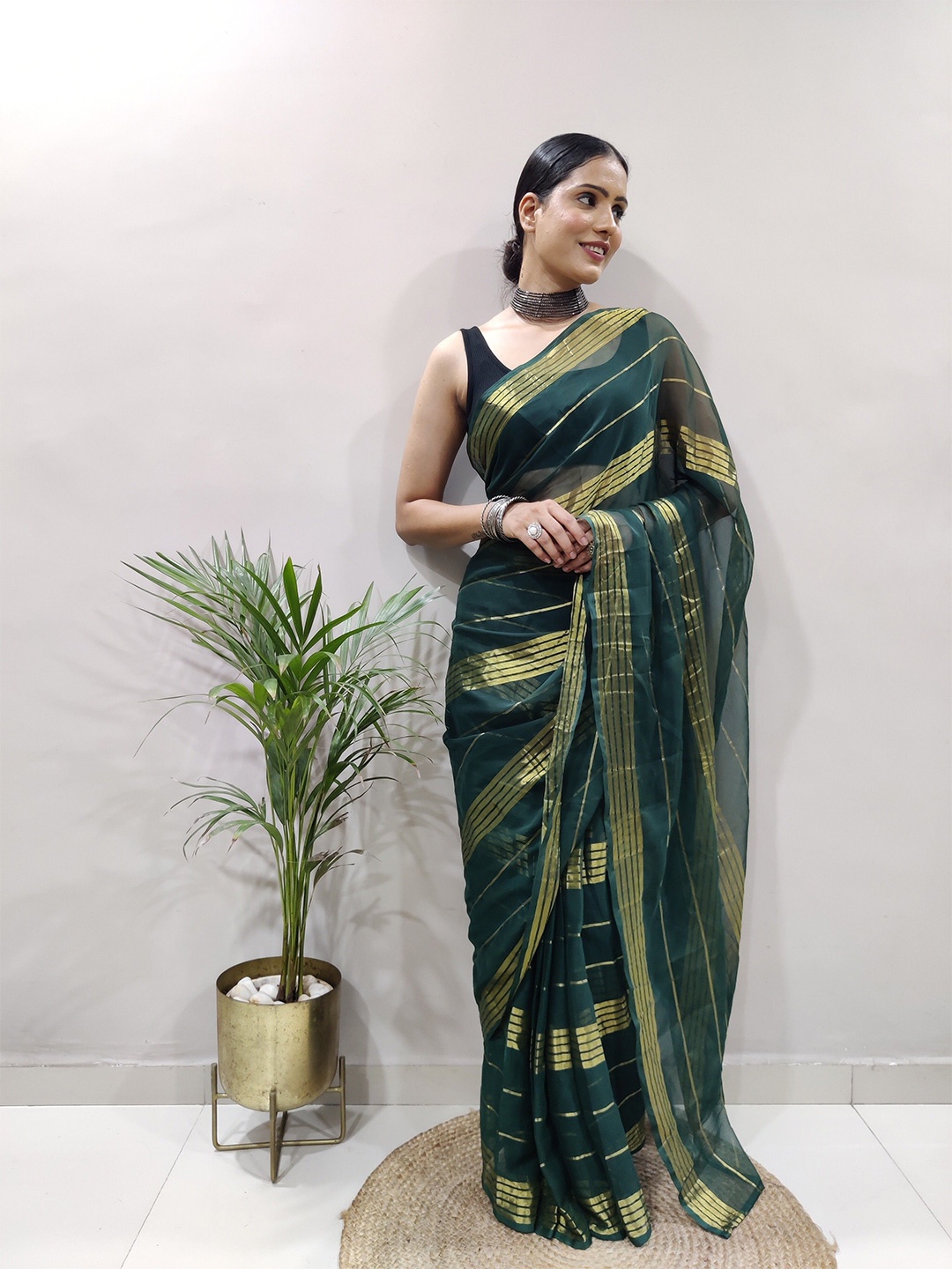 

Sidhidata Striped Zari Pure Georgette Ready to Wear Saree, Green