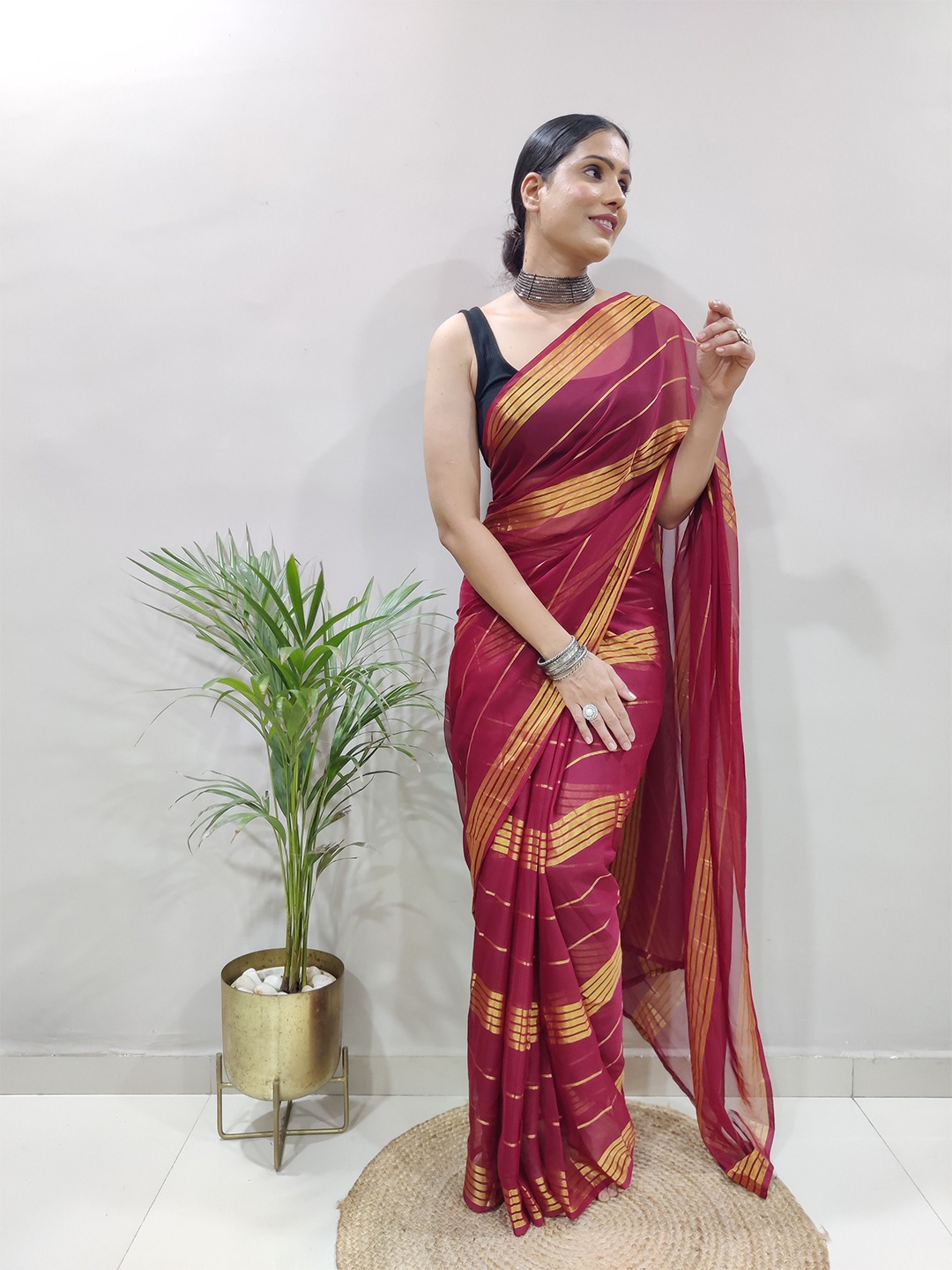 

Sidhidata Striped Zari Pure Georgette Saree, Maroon