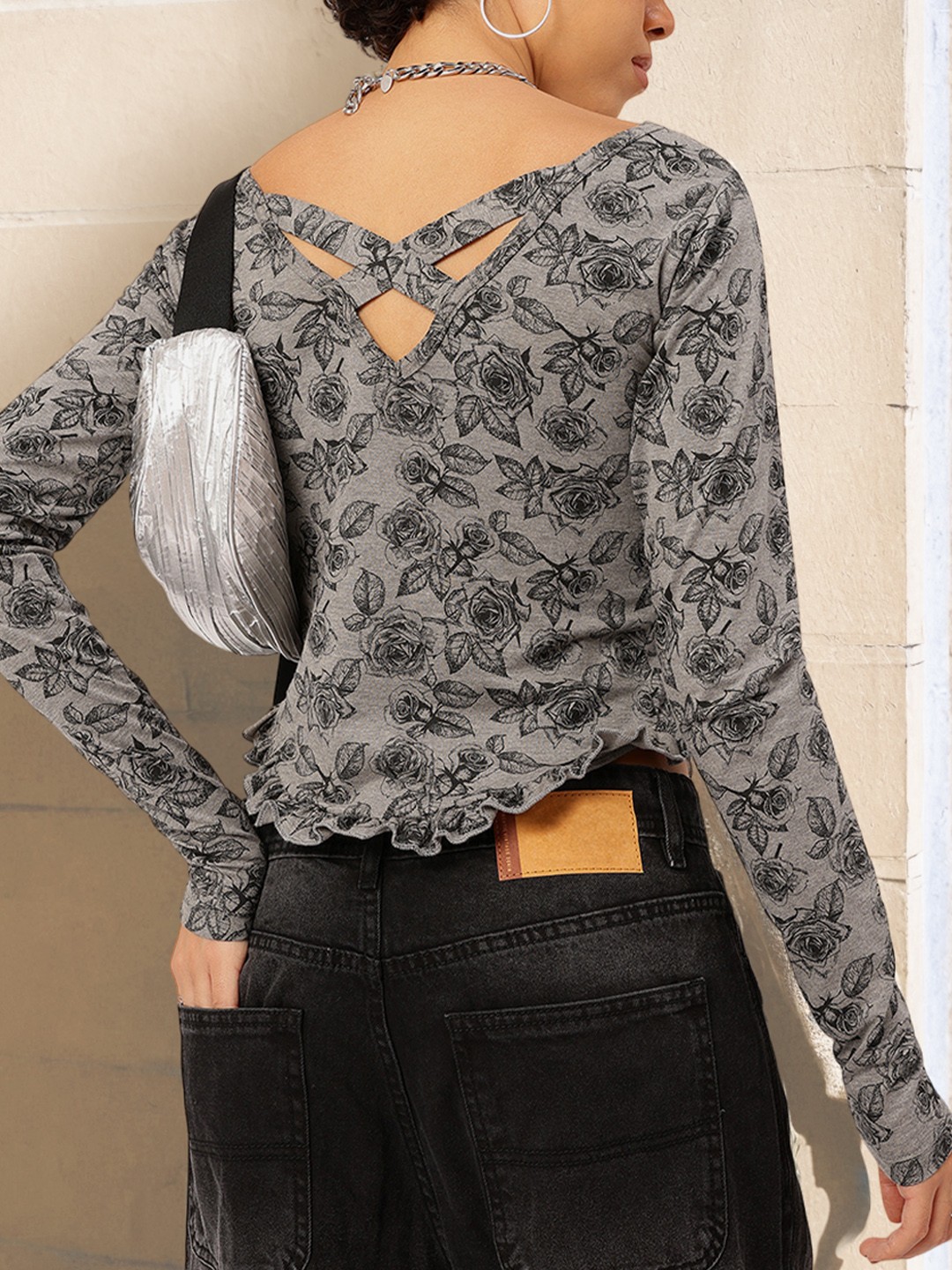 

DressBerry Frilly Flirt Printed Frilled Top, Grey