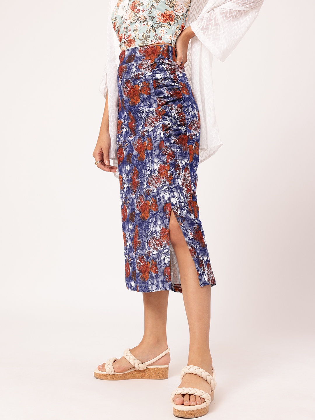 

DressBerry Sugarplum Stylish Floral Printed Side-Slit Ruched Midi Skirt, Blue