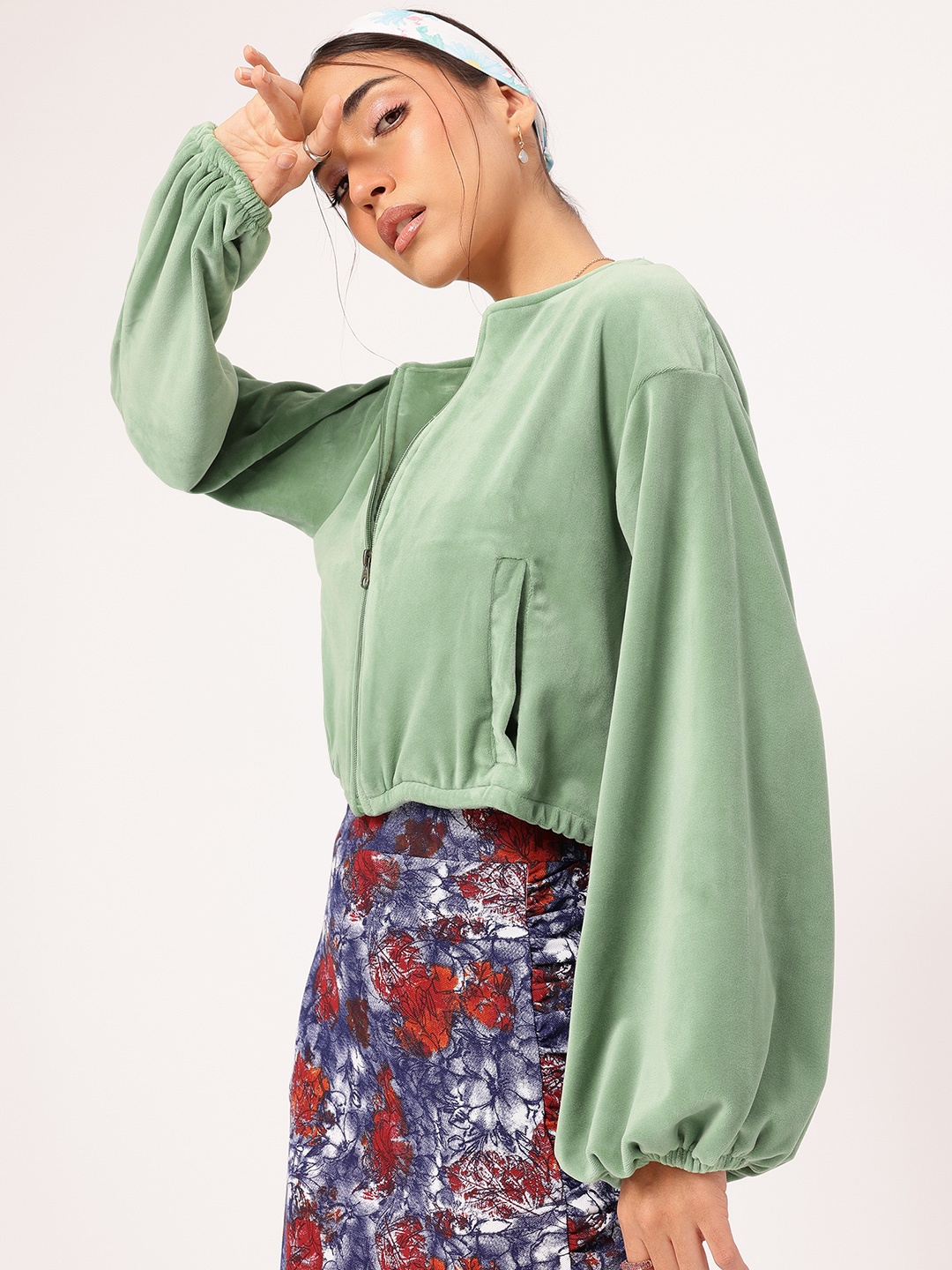 

DressBerry Chill Mode On Velour Finish Dramatic Puff Sleeves Crop Jacket, Green