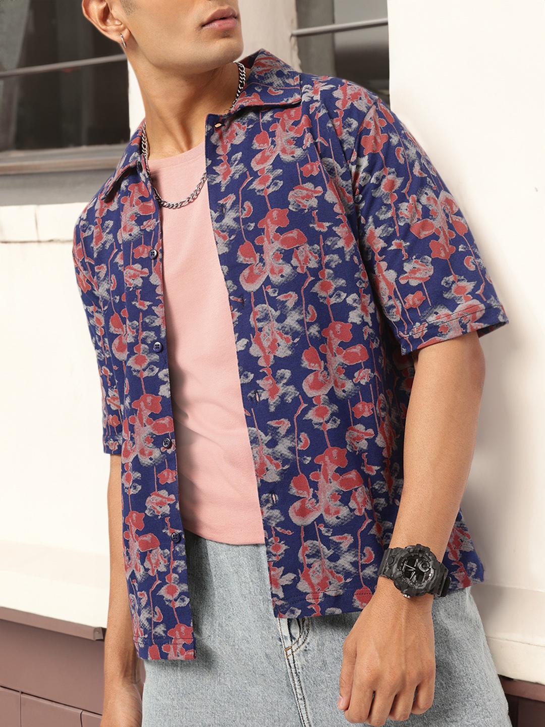 

Kook N Keech Streetwise Stitch Printed Drop-Shoulder Shirt, Navy blue