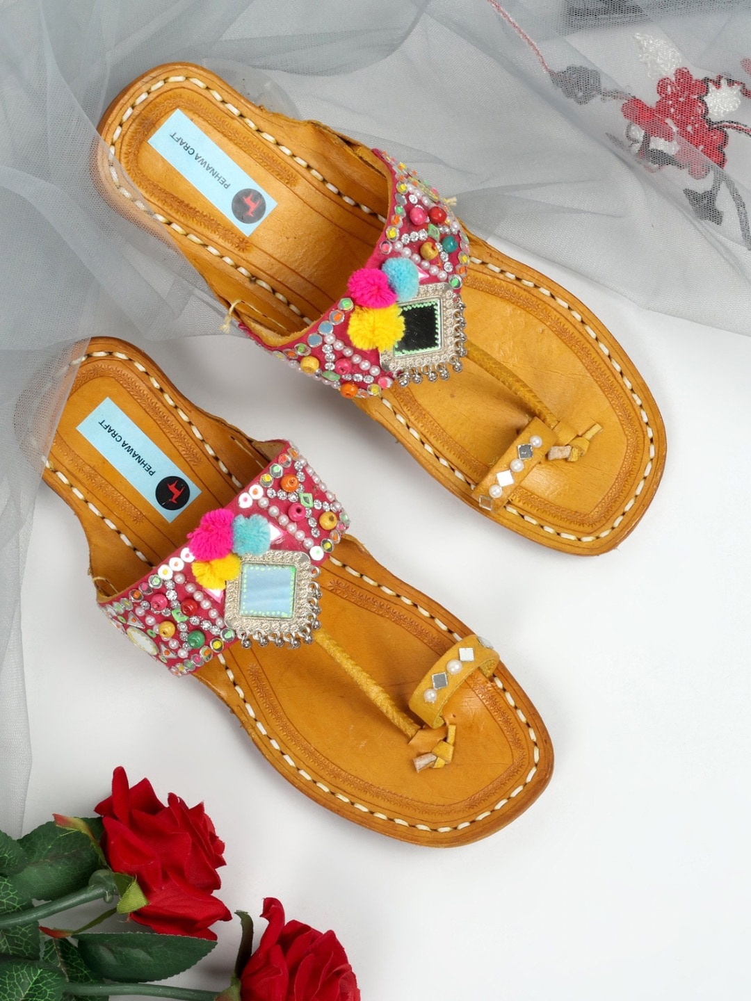 

PehnawaCraft Women Leather Ethnic One Toe Flats, Yellow