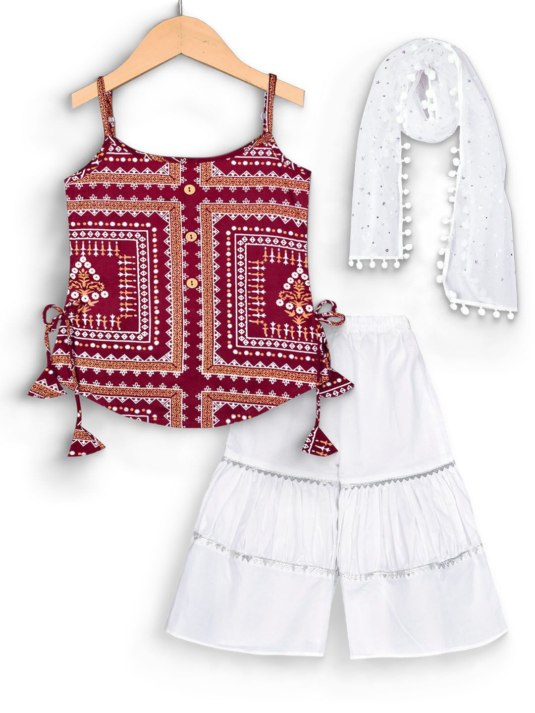 

BAESD mustmom Girls Ethnic Motifs Printed Shoulder Straps Pure Cotton Kurta Set, Maroon