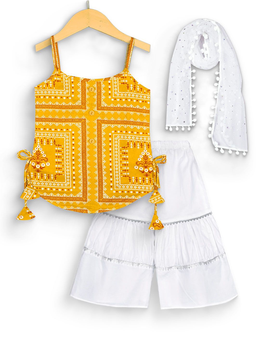 

BAESD mustmom Girls Ethnic Motifs Printed Shoulder Straps Pure Cotton Kurta Set, Yellow