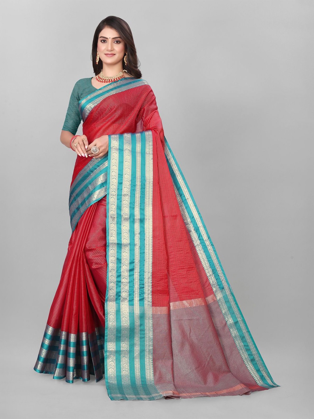 

MAGNEITTA Striped Zari Organza Banarasi Saree, Red