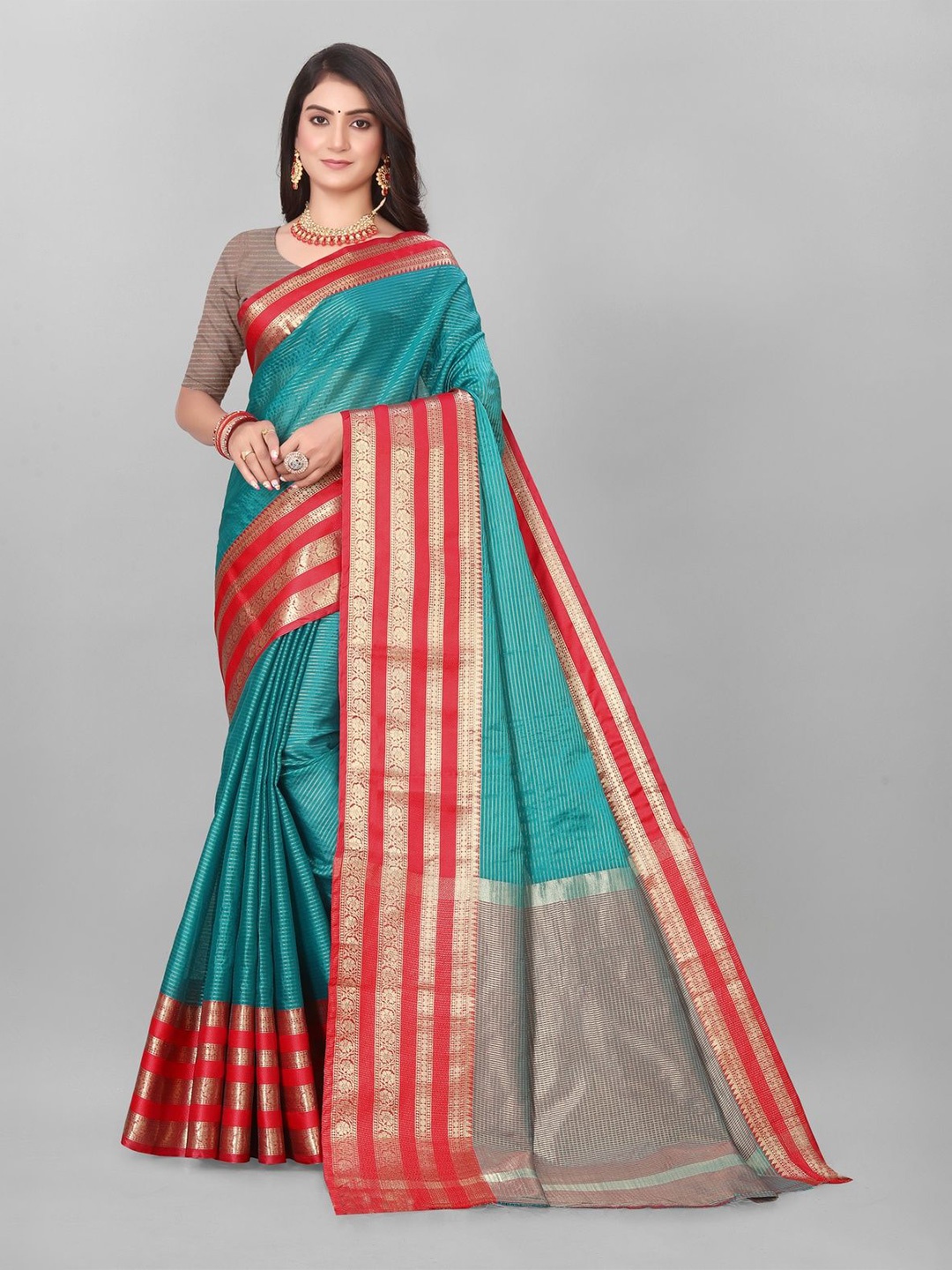 

MAGNEITTA Striped Zari Organza Banarasi Saree, Turquoise blue