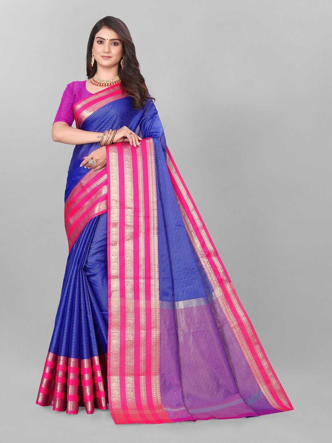 

MAGNEITTA Striped Zari Organza Banarasi Saree, Blue