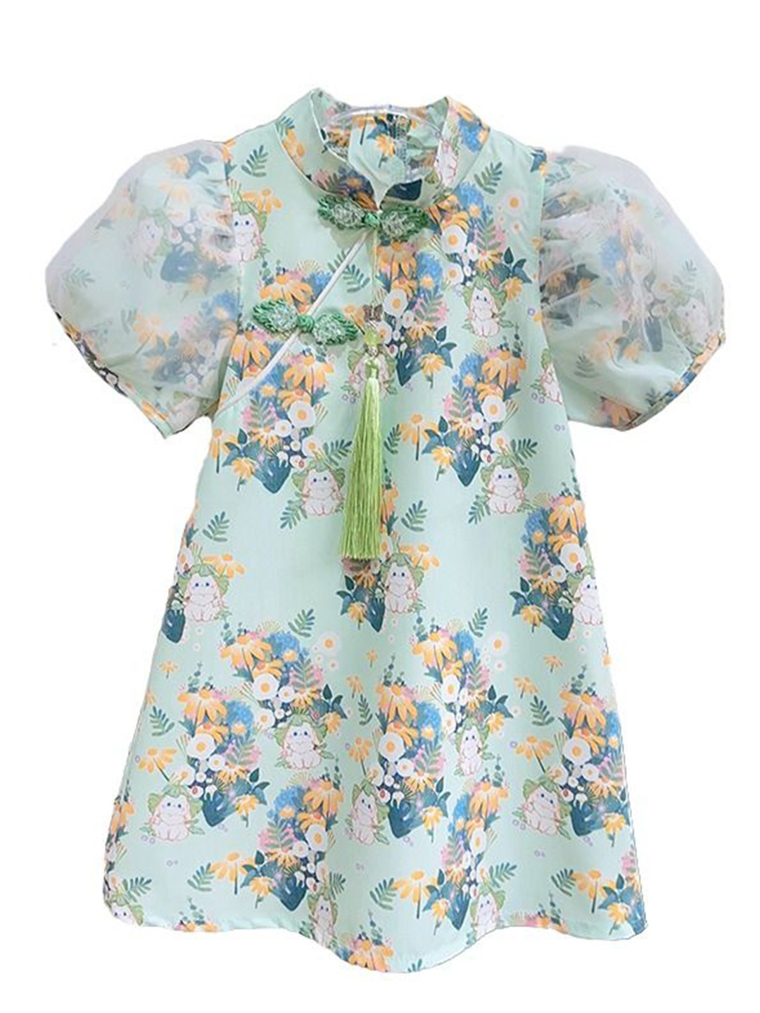 

StyleCast x Revolte Floral Print Tie-Up Neck Puff Sleeve Applique A-Line Maxi Dress, Green