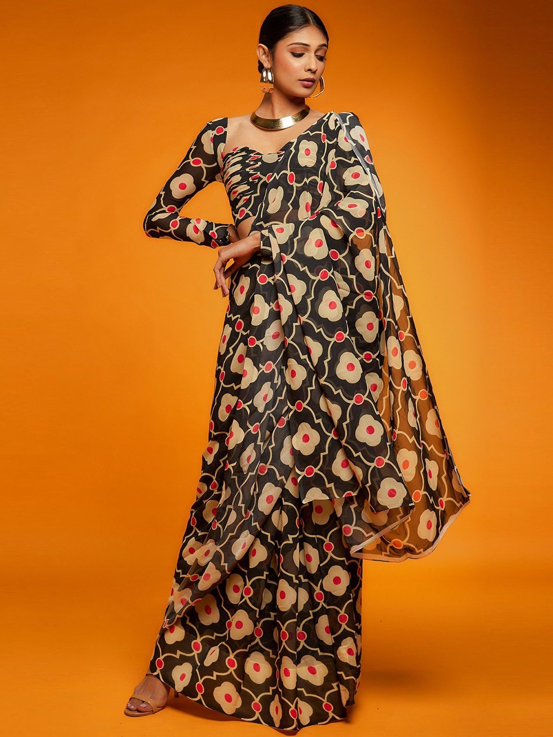 

MySilkLove Floral Satin Saree, Black
