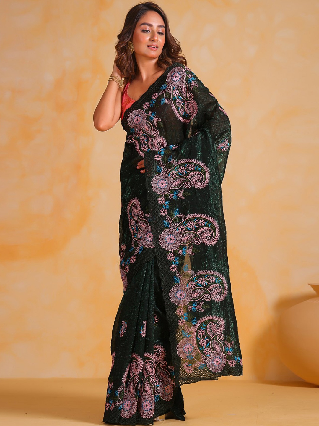 

MySilkLove Ethnic Motifs Embroidered Pure Georgette Saree, Green