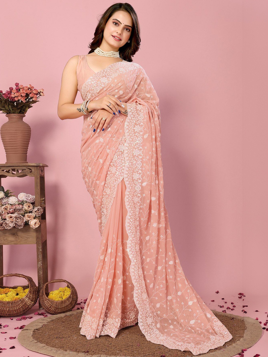 

MySilkLove Floral Embroidered Pure Georgette Saree, Peach