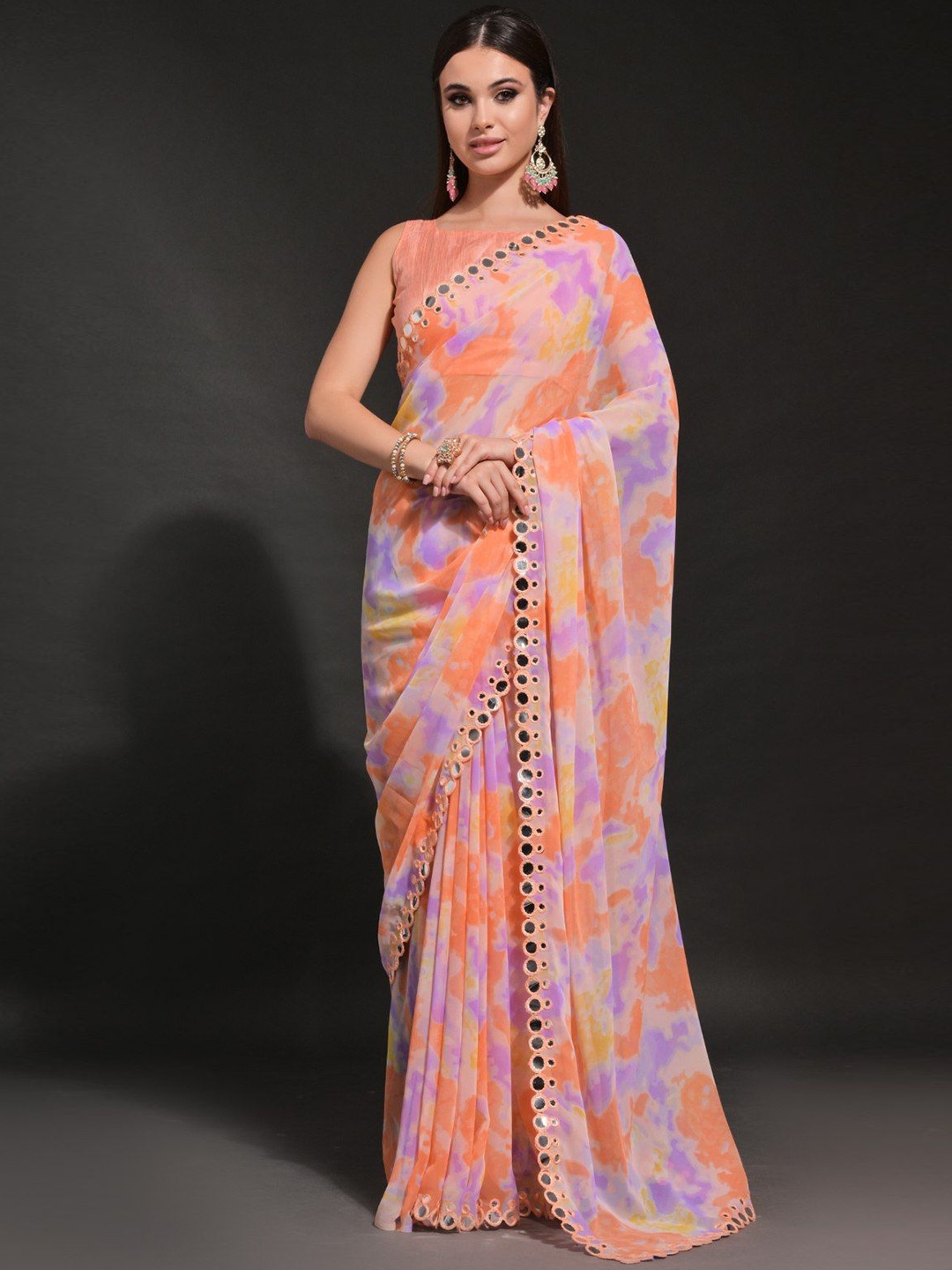 MySilkLove Mirror Work Pure Georgette Saree, Orange