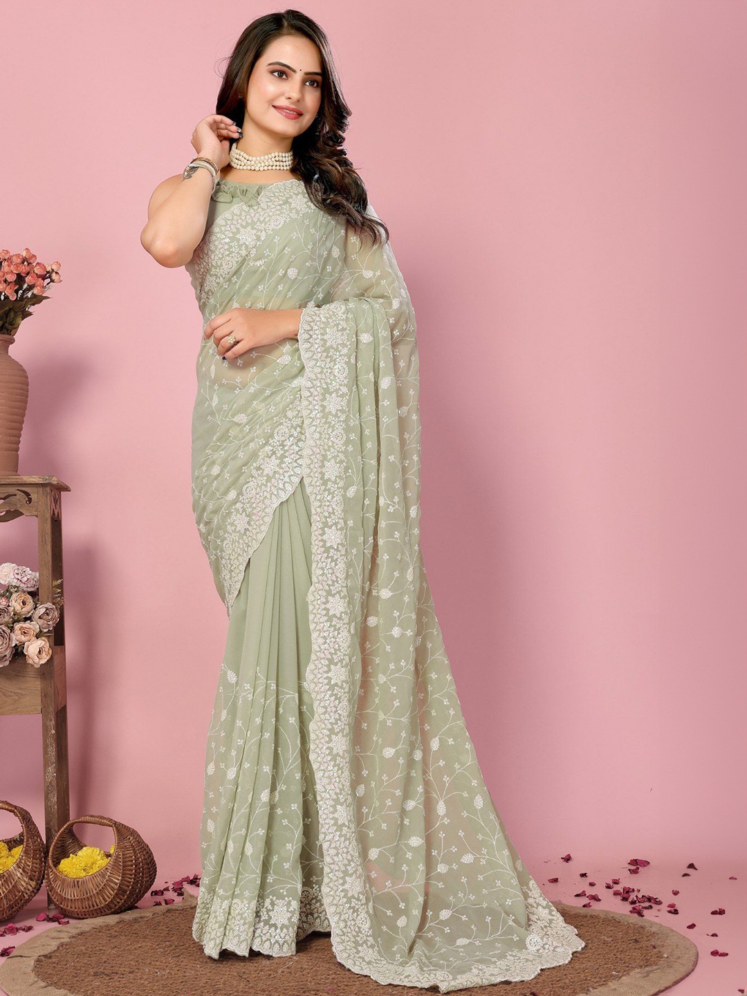 

MySilkLove Ethnic Motifs Sequinned Pure Georgette Saree, Green
