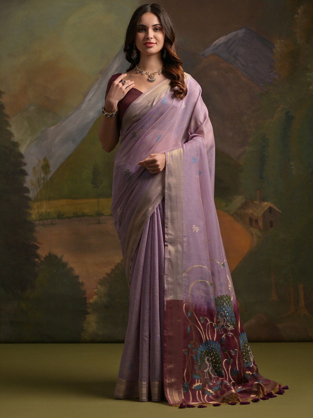 

MySilkLove Beads and Stones Pure Cotton Muga Saree, Purple