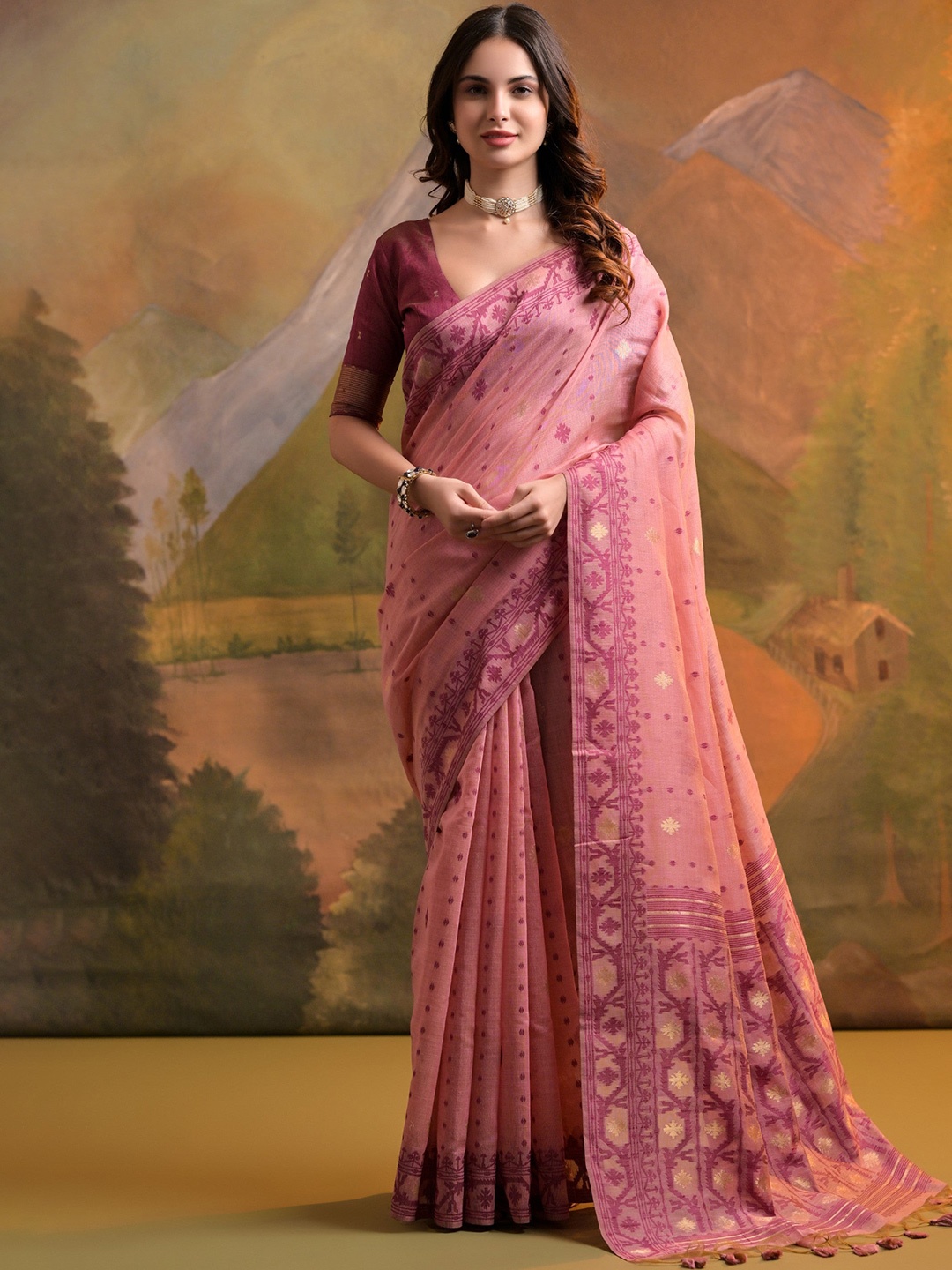 

MySilkLove Woven Design Pure Cotton Muga Saree, Pink