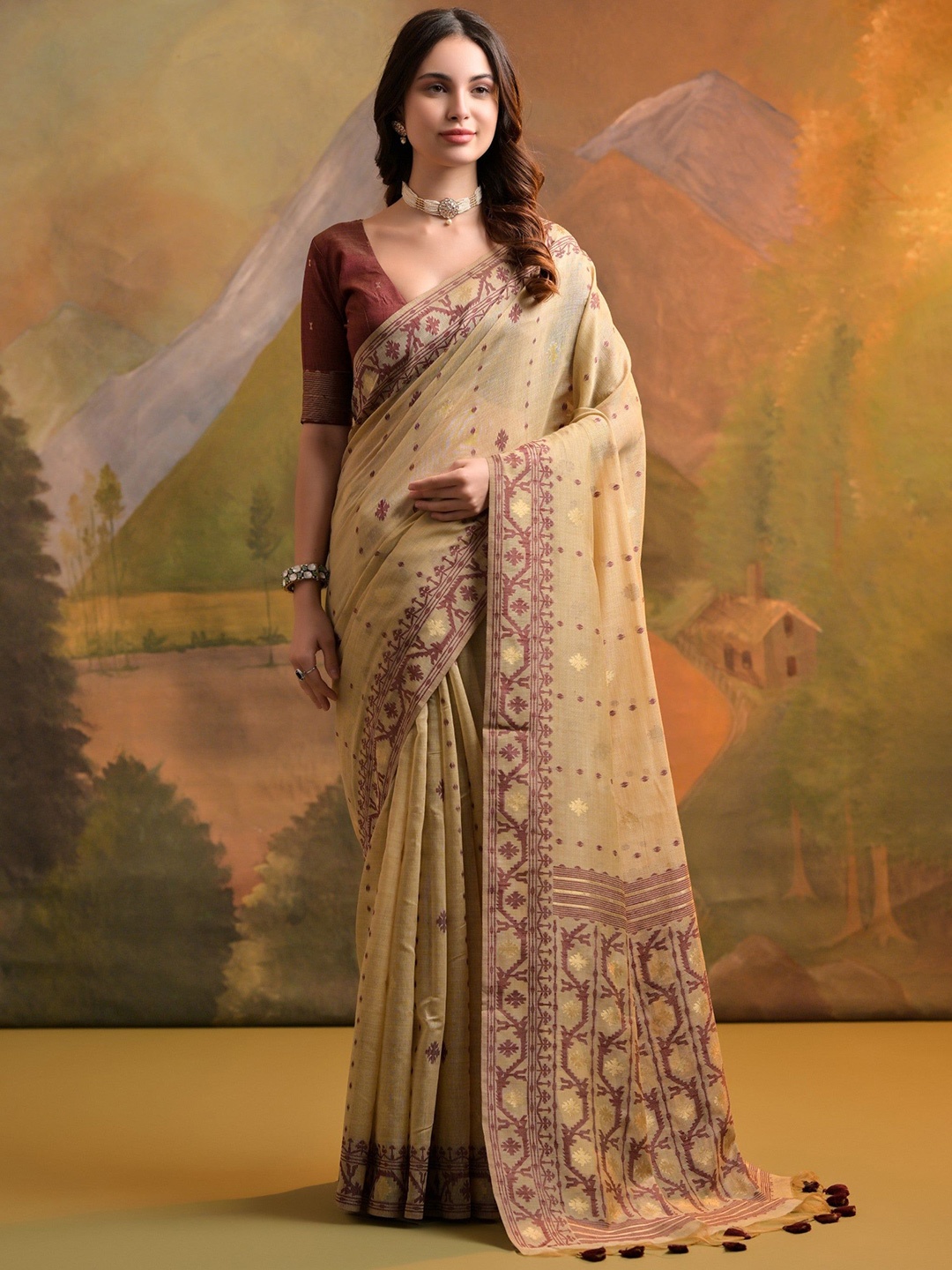 

MySilkLove Woven Design Pure Cotton Muga Saree, Cream