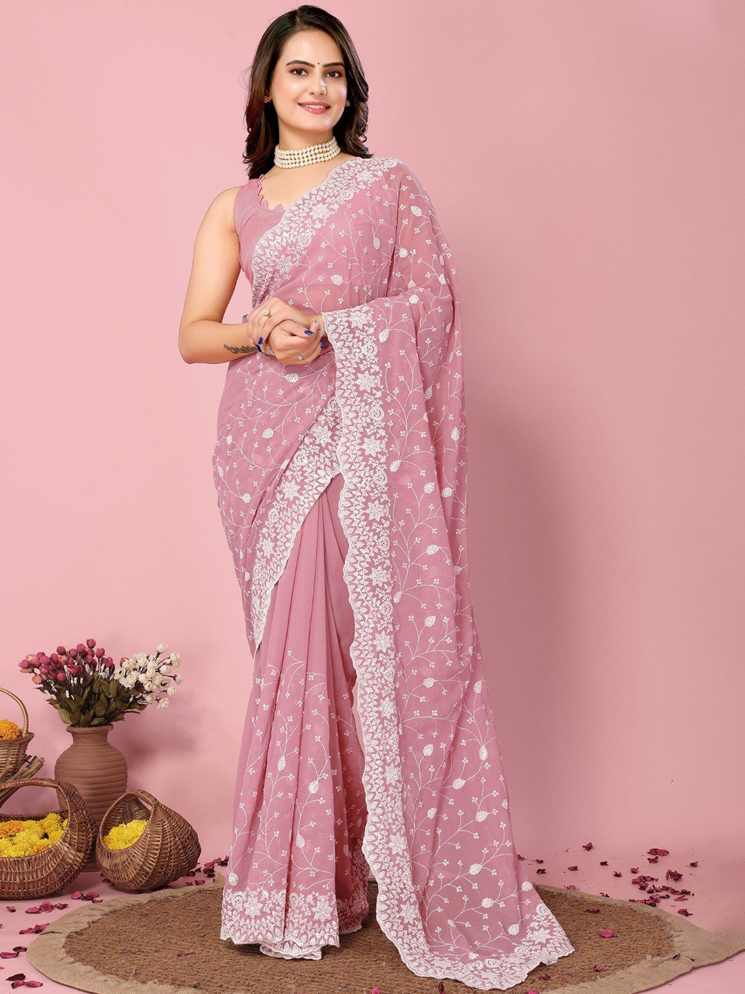 

MySilkLove Ethnic Motifs Sequinned Pure Georgette Saree, Pink
