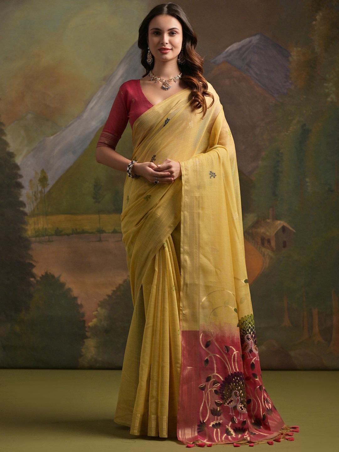 

MySilkLove Floral Zari Pure Cotton Muga Saree, Yellow