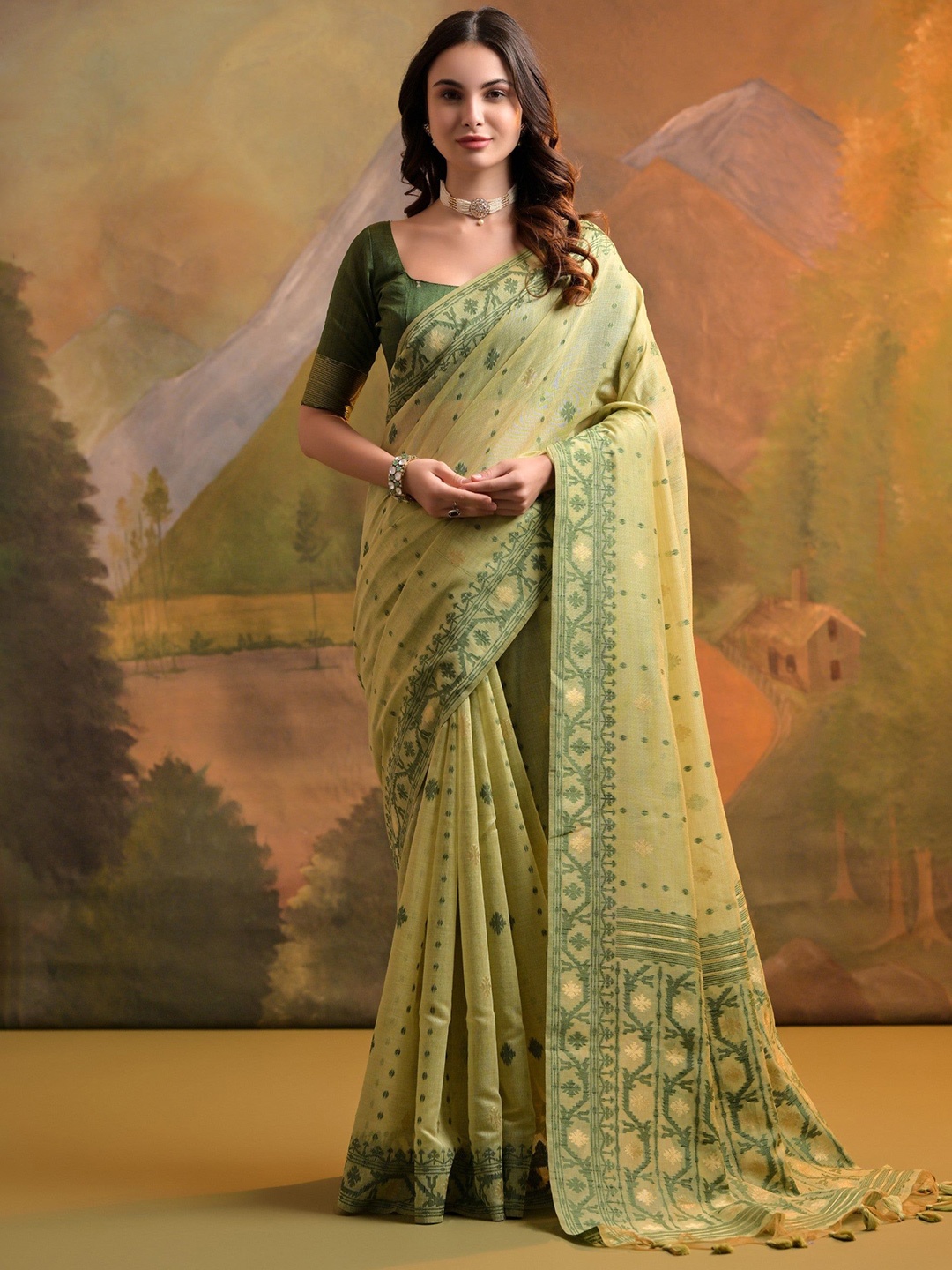 

MySilkLove Ethnic Motifs Zari Pure Cotton Muga Saree, Green