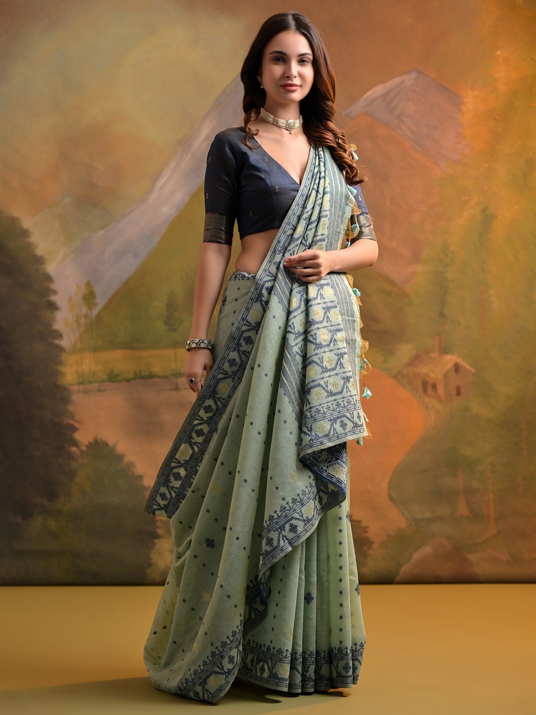 

MySilkLove Floral Pure Cotton Muga Saree, Green