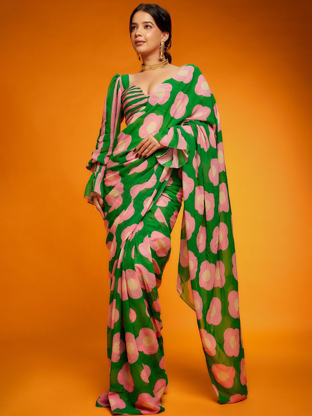 

MySilkLove Floral Satin Saree, Green