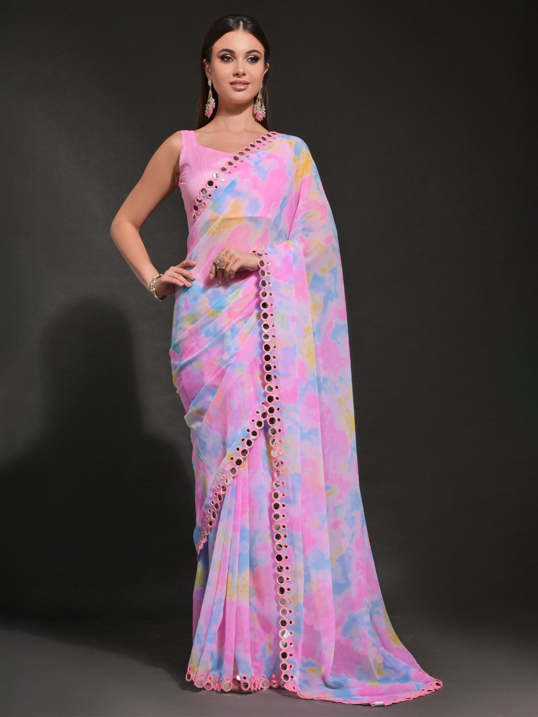

MySilkLove Tie and Dye Embroidered Pure Georgette Saree, Pink