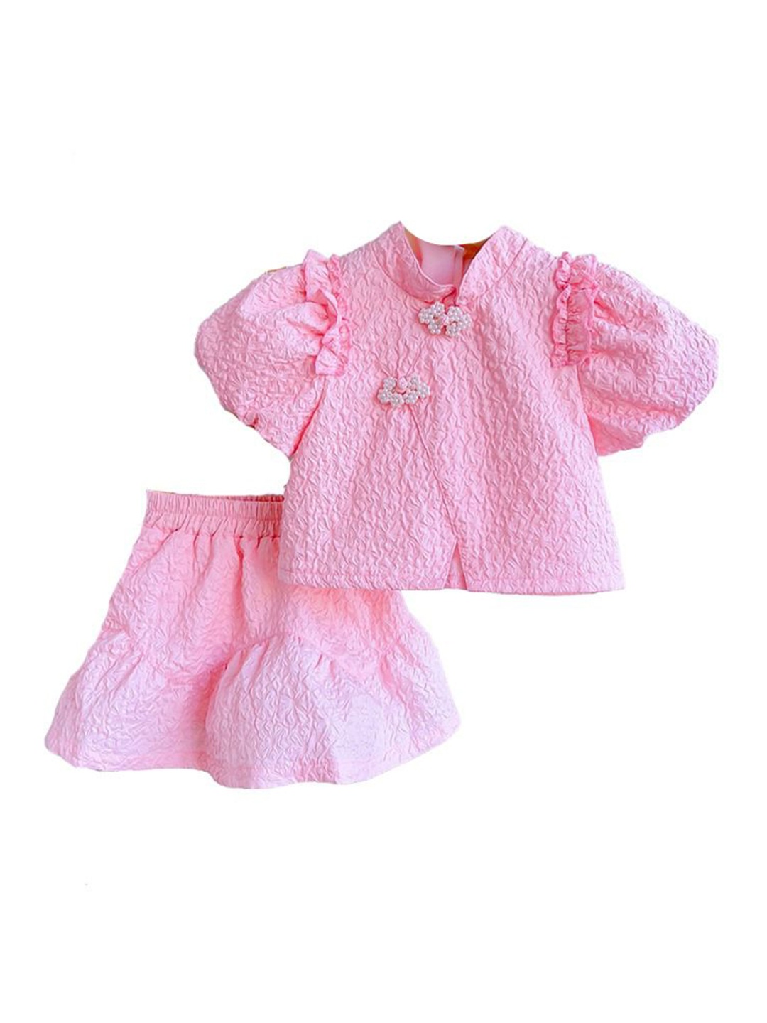 

StyleCast x Revolte Girls Self Design Mandarin Collar Top With Skirt, Pink