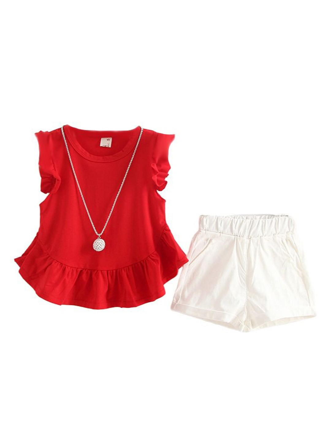 

StyleCast x Revolte Girls Red Flutter Sleeves Flared Pure Cotton Top With Shorts