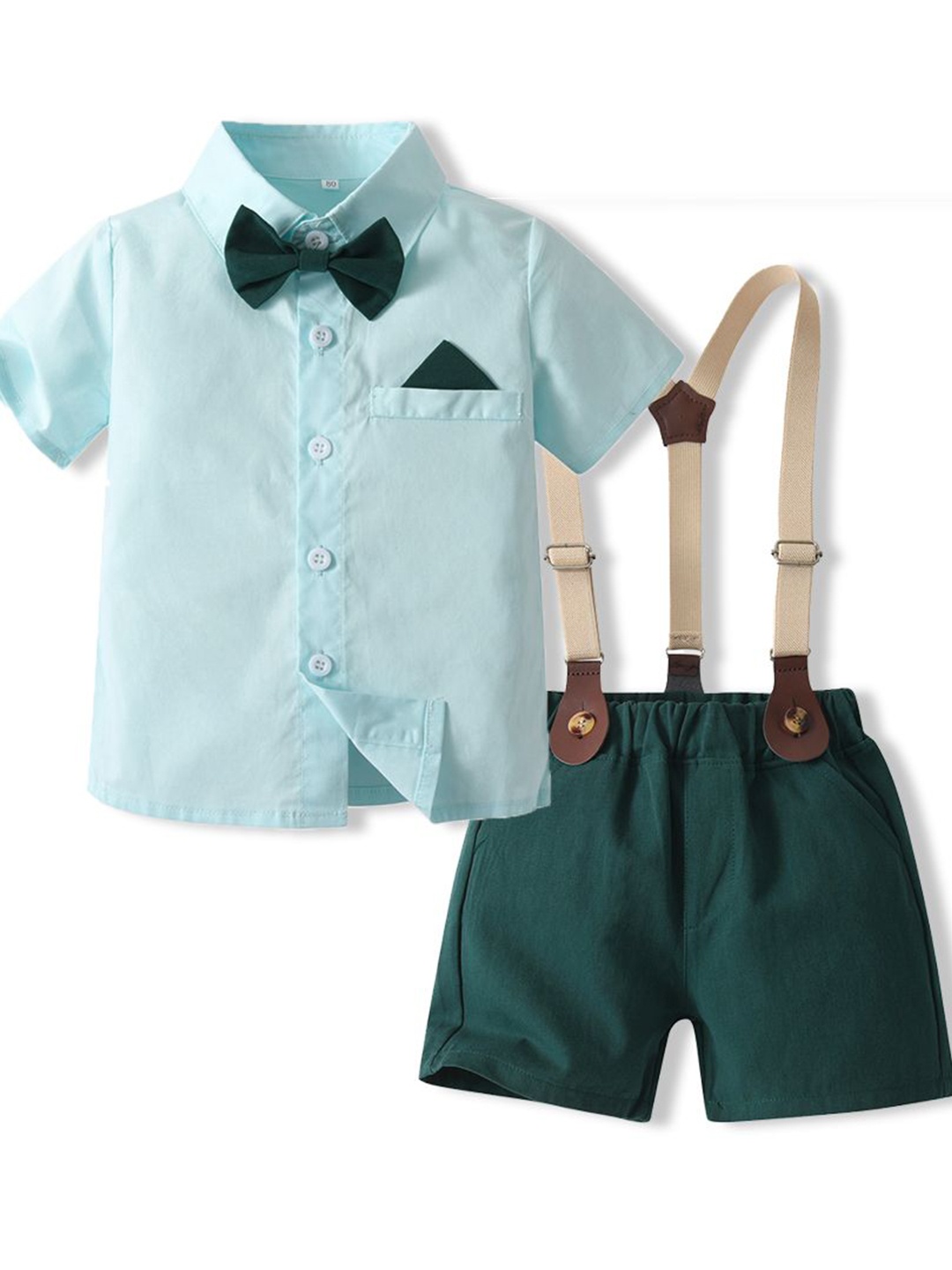 

StyleCast x Revolte Boys Green & blue Shirt & Shorts With Suspenders