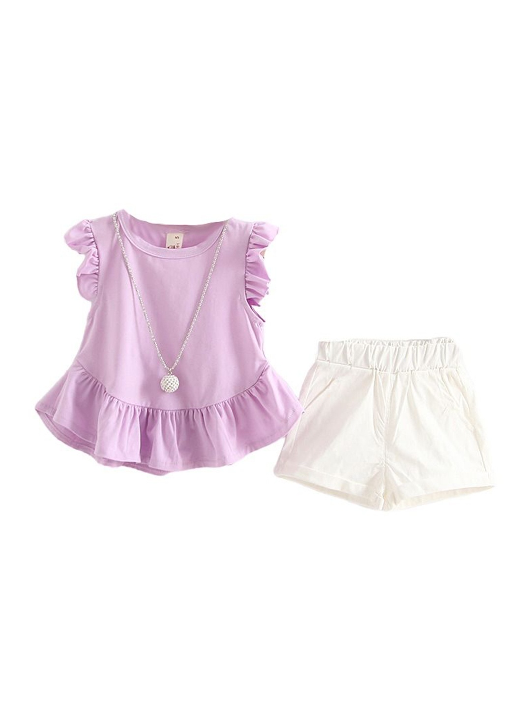 

StyleCast x Revolte Girls Purple Flutter Sleeves Gathered Pure Cotton Top With Shorts