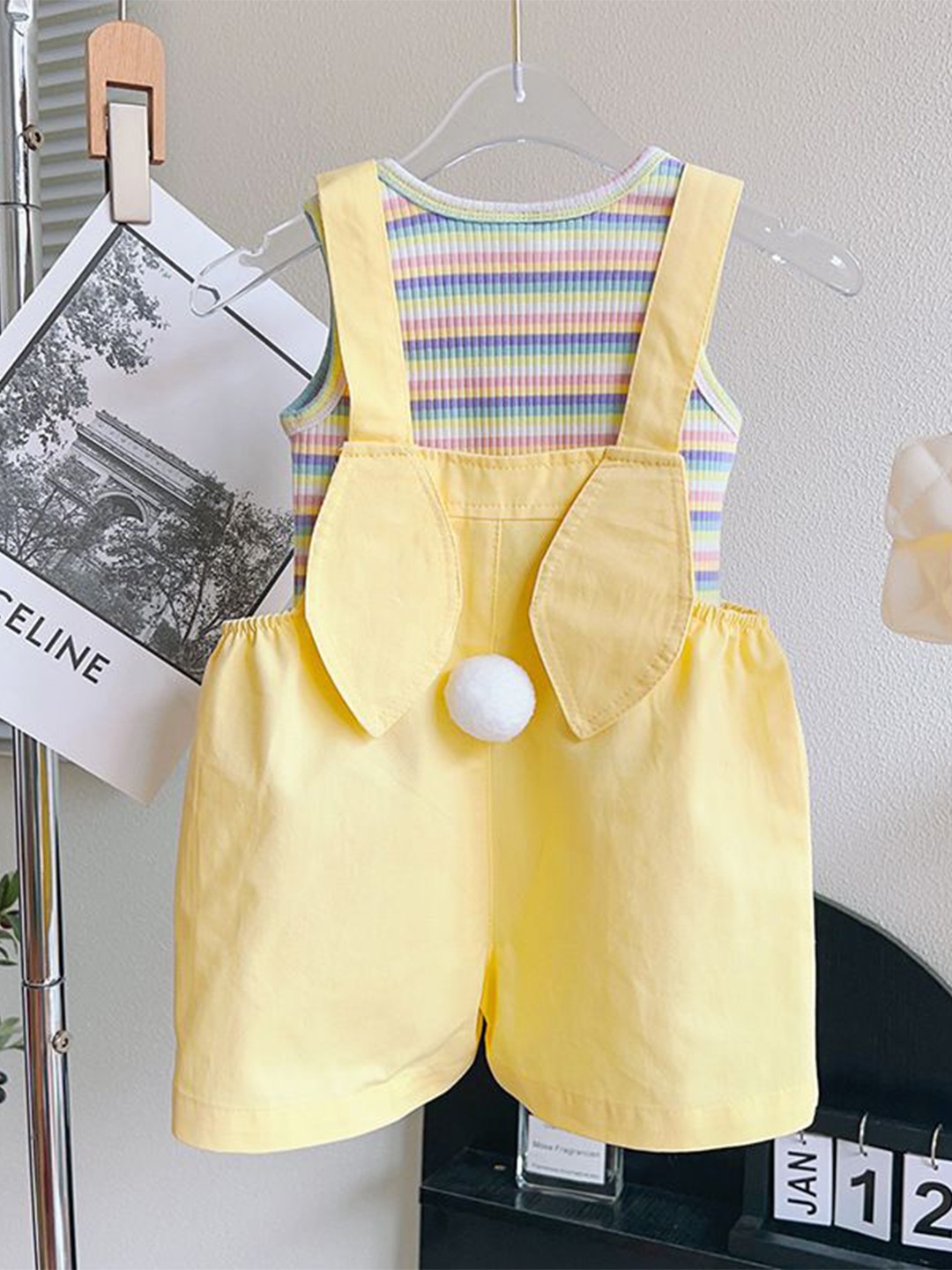 

StyleCast x Revolte Girls Yellow & white Striped Top & Shorts With Suspenders